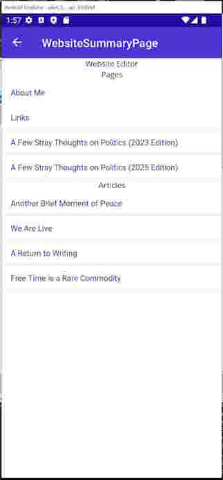 Screenshot from a mobile emulator showing a simple list of pages and articles from this blog